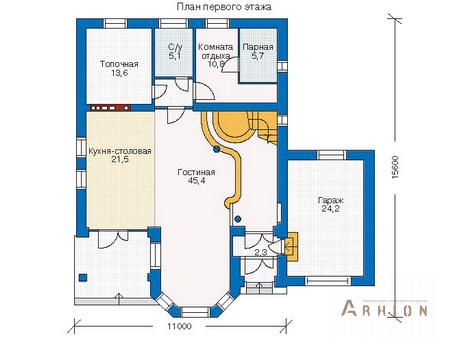 2. Проект одноэтажного дома в европейском стиле с многоскатной кровлей, 34-35, площадью - 243 кв c мансардой, эркером, вторым светом